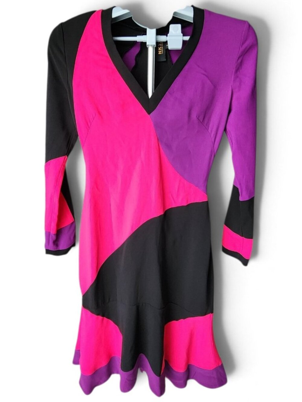 NK 32 Naeem Khan Midi Dress Long Sleeve Vibrant Multicolor V-Neck Size 2